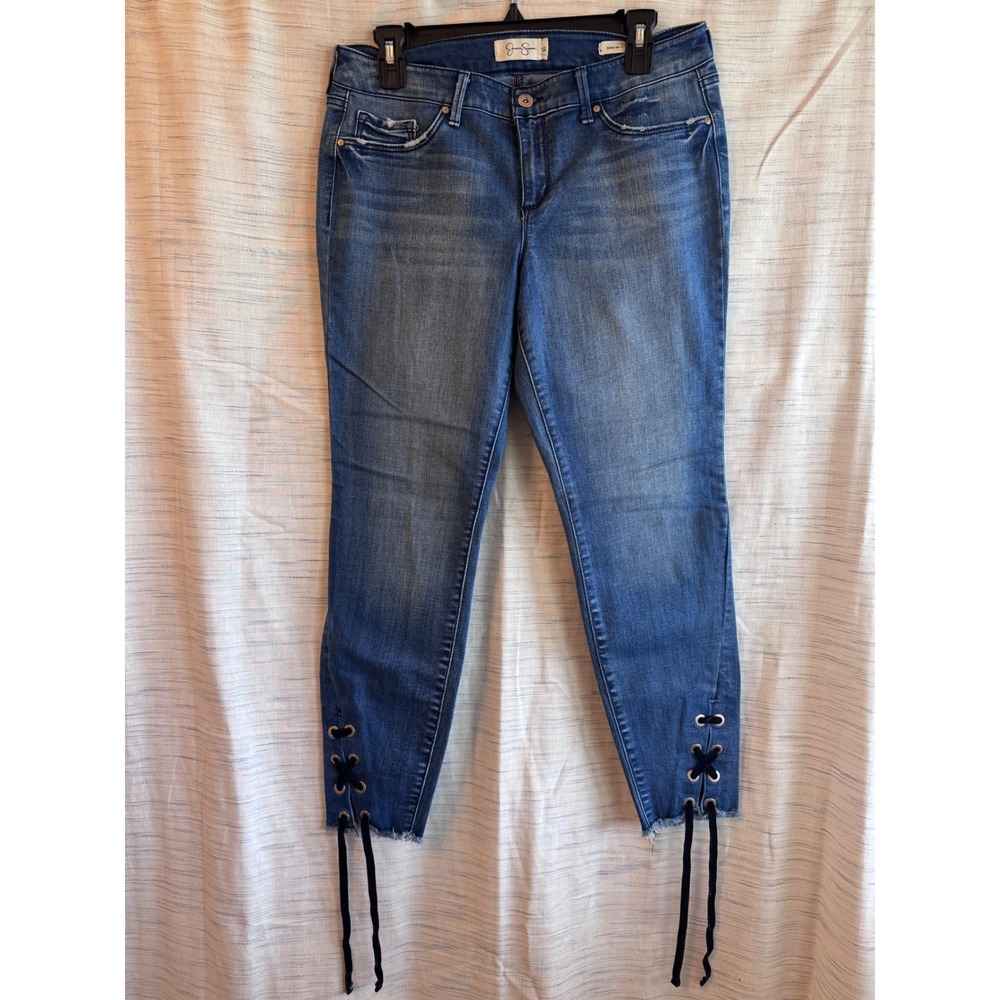 Jessica Simpson Kiss Me Ankle Skinny Jeans Blue Lace Up Hem Size 30
